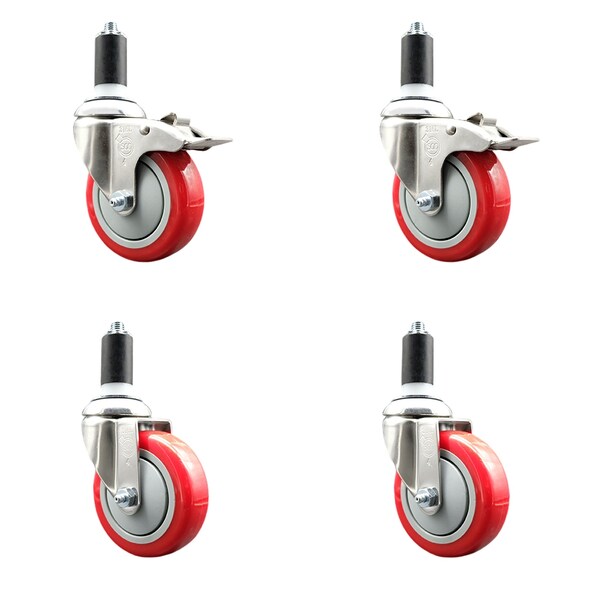 Service Caster 4 Inch 316SS Red Poly Swivel 1-1/4 Inch Expanding Stem Caster Lock Brake, 2PK SS316TTLEX20S414-PPUB-RED-2-S-2-114 - main